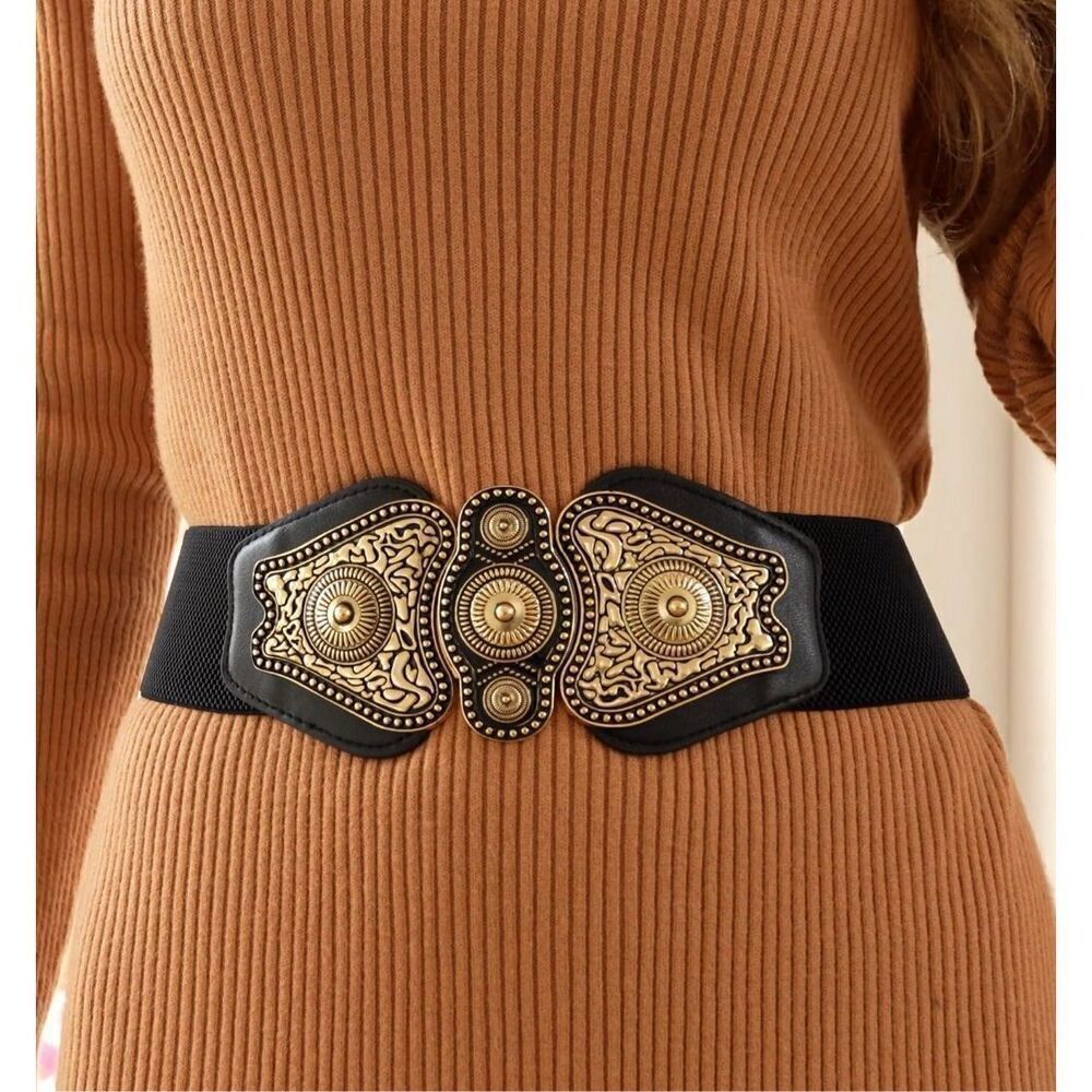 Cool vintage looking metal stretch antique buckle belt, brown and brushed gold
